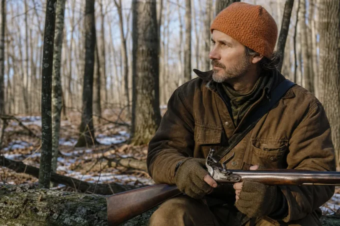 A man in a brown knit cap and jacket sits outdoors in a leafless forest holding a long rifle