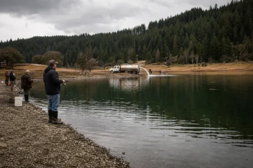People stand along a pond while a truck pours water from a hose into the lake, surrounded by forested hills
