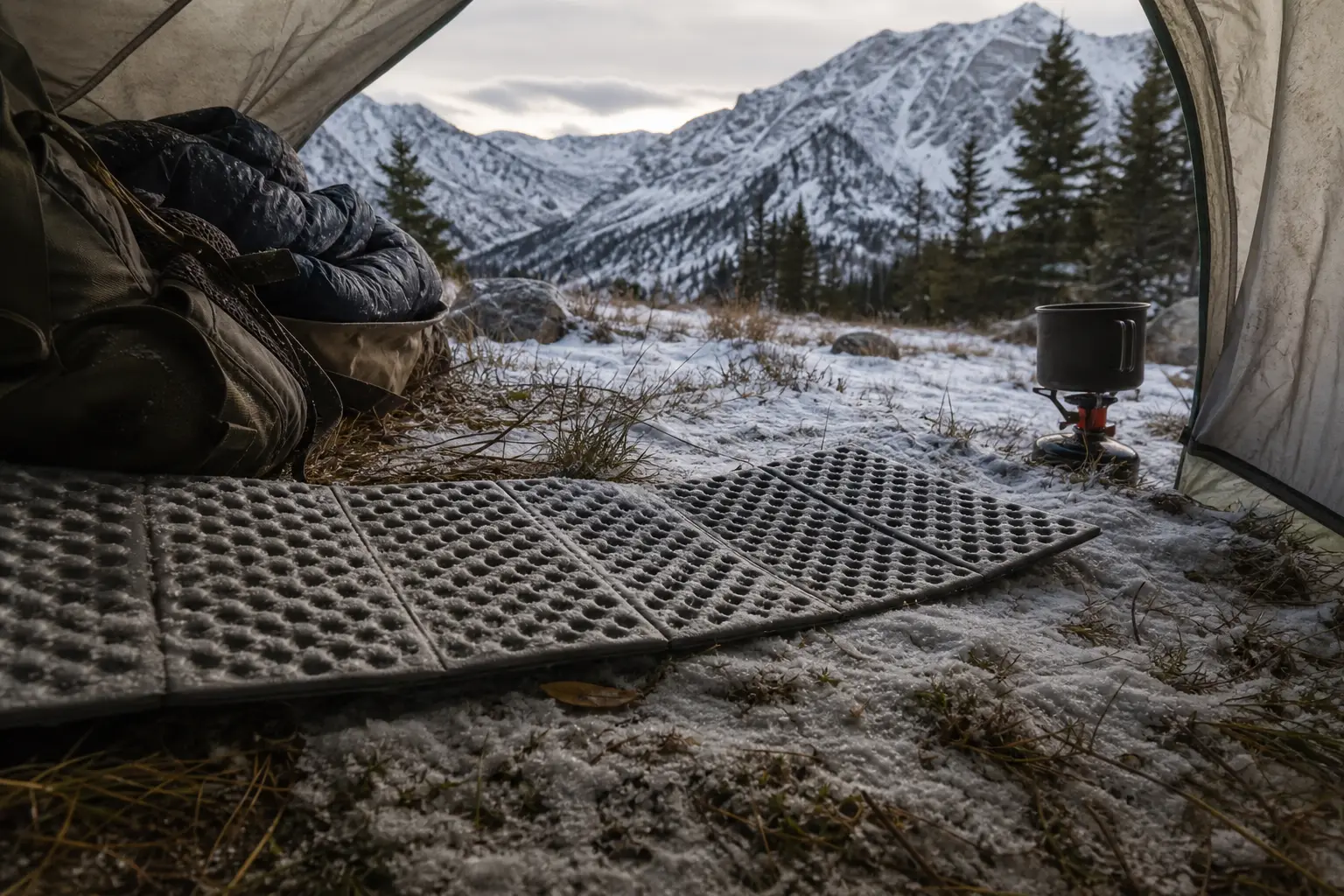 Camping tent floor with a sleeping bag and boots on one side, and a small stove on the other near snowy mountains