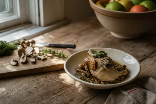 White bowl of plated meat with herbs and grains, beside a cutting board with mushrooms, herbs, and a knife