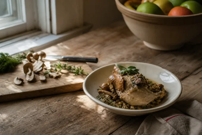 White bowl of plated meat with herbs and grains, beside a cutting board with mushrooms, herbs, and a knife