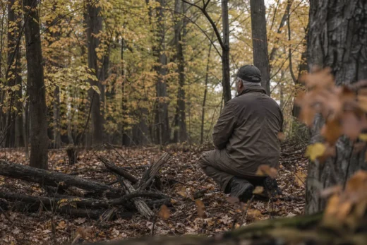 A person in a cap and jacket crouches on the forest floor among fallen branches and autumn leaves