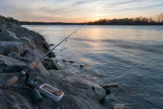 Fishing rod resting on rocky shoreline beside a tackle box at sunset over a rippling lake