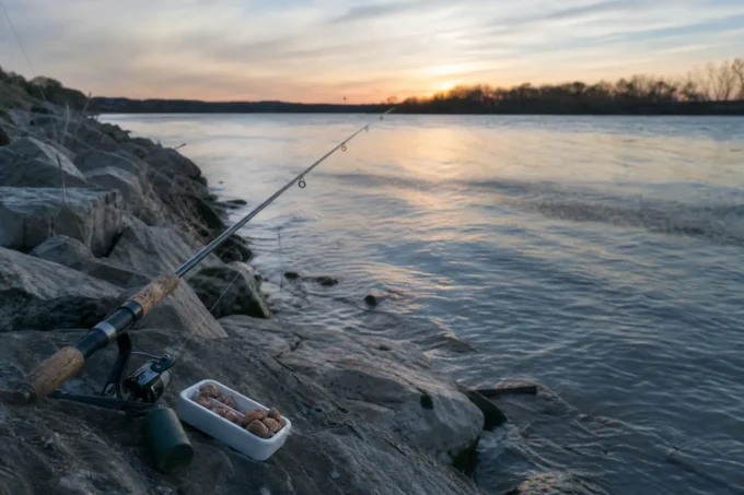 Fishing rod resting on rocky shoreline beside a tackle box at sunset over a rippling lake