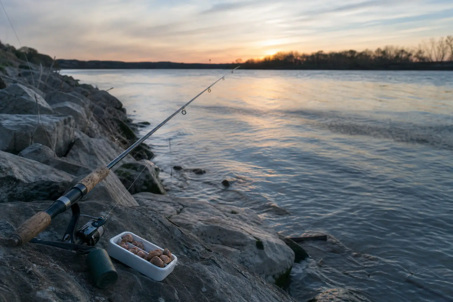 Fishing rod resting on rocky shoreline beside a tackle box at sunset over a rippling lake