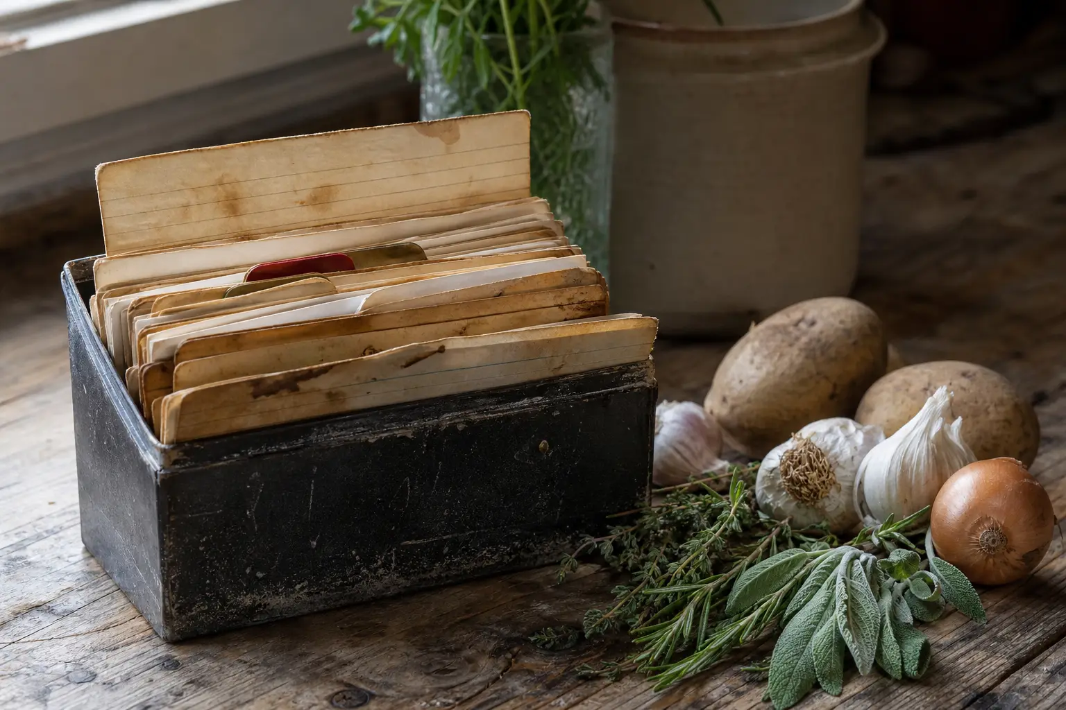 Open wooden box with stacked paper envelopes, surrounded by garlic bulbs, onions, herbs, and leafy greens on a wooden table