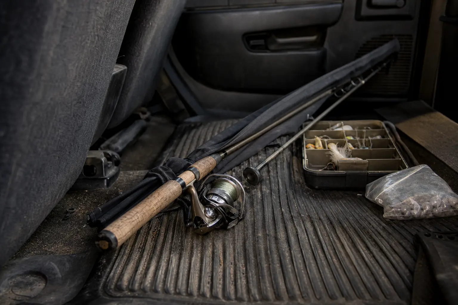 Fishing rod handle, black strap, spinning reel, tackle box with compartments, and a plastic bag on a truck bed