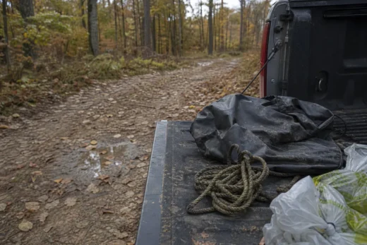 Truck bed at roadside with black tarp, coiled rope, and a plastic bag, surrounded by an autumn forest trail