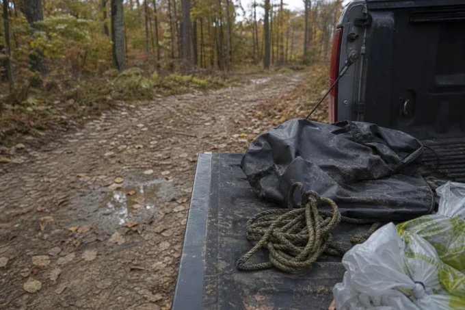 Truck bed at roadside with black tarp, coiled rope, and a plastic bag, surrounded by an autumn forest trail
