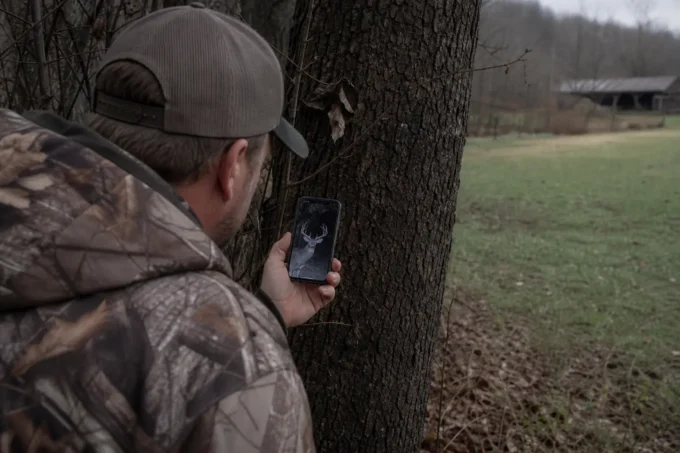 Camouflaged man in a cap holds a smartphone with a deer icon near a tree, outdoors in a grassy field