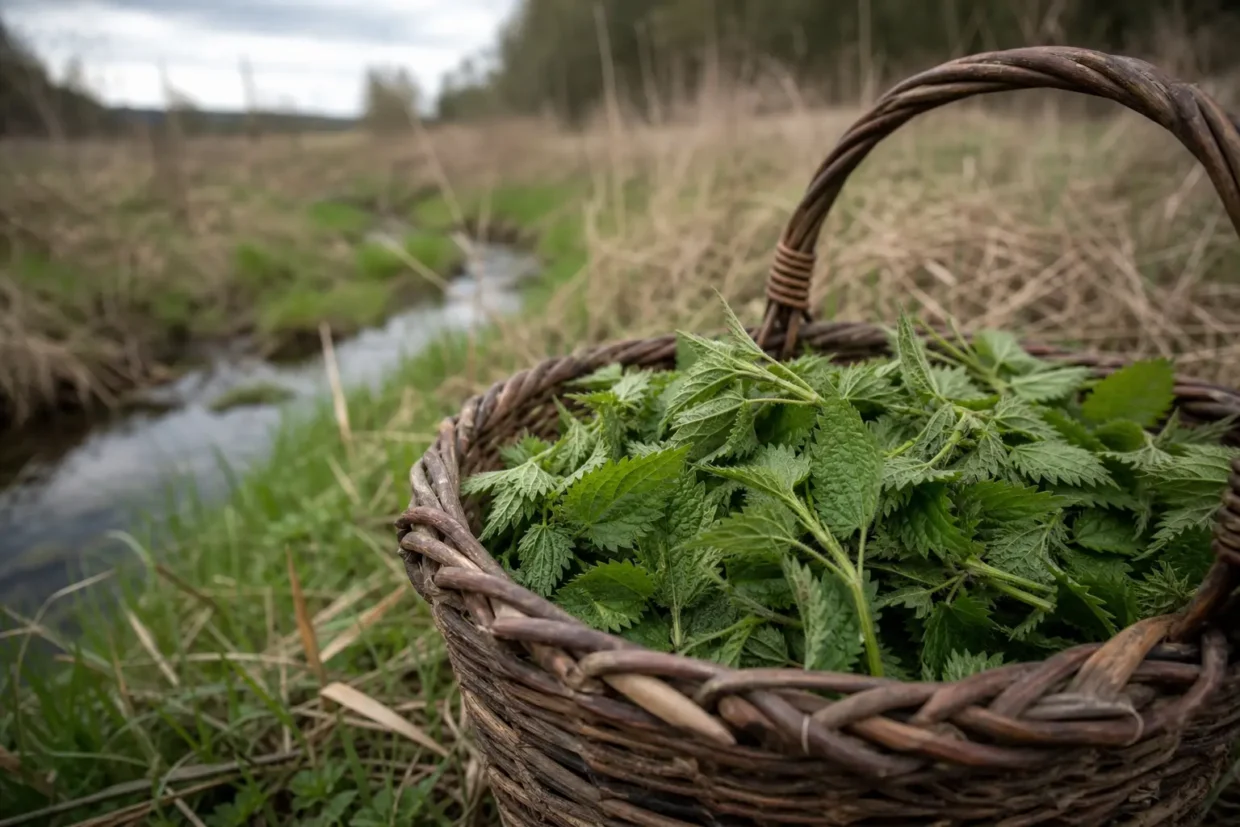 Wicker basket filled with green leafy plants, outdoors by a narrow stream and grassy fields, blurred background