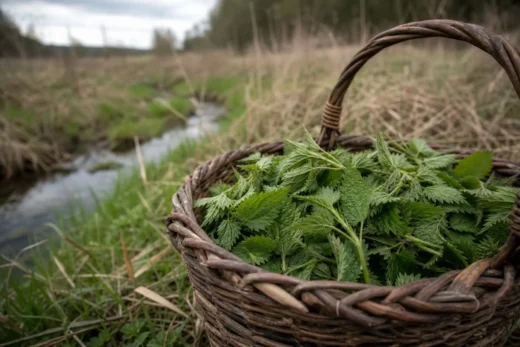 Wicker basket filled with green leafy plants, outdoors by a narrow stream and grassy fields, blurred background