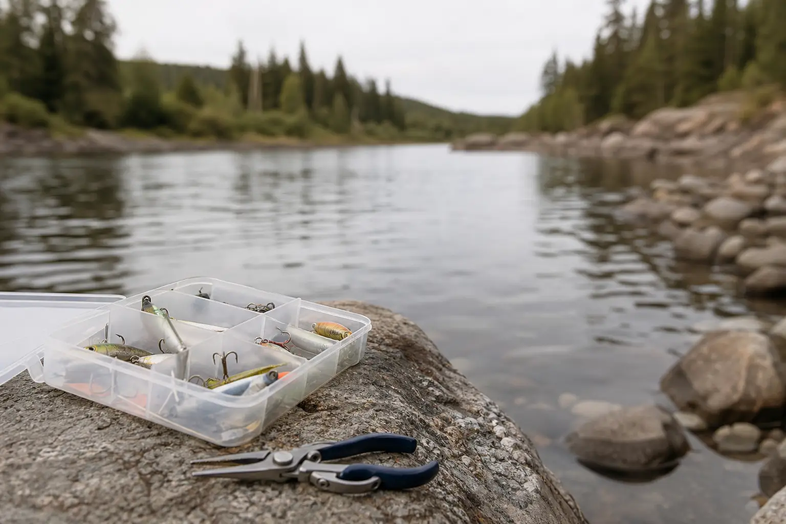 Plastic tackle box with multiple fishing lures and blue-handled pliers resting on a rock beside a calm river