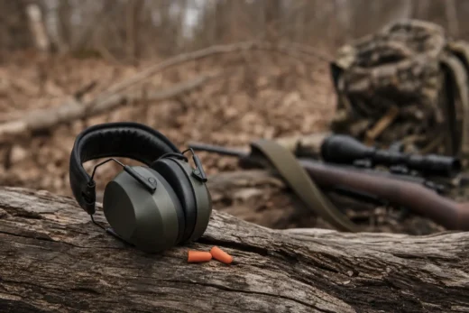 Black over-ear hearing protection on a wooden log, with two small orange earplugs in the foreground and a rifle-like object behind