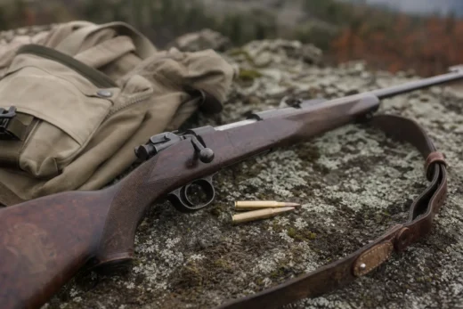 Wood-stock shotgun lying on gravel near a beige jacket and scattered brass cartridges
