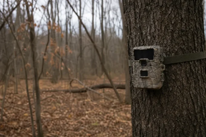 A trail camera box is strapped to a tree trunk, with a wooded background of bare branches and leafless forest
