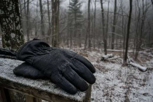 Black gloved hand resting on a metal surface, with a snowy forest background blurred behind