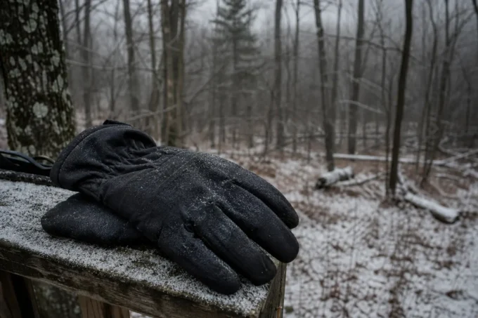 Black gloved hand resting on a metal surface, with a snowy forest background blurred behind