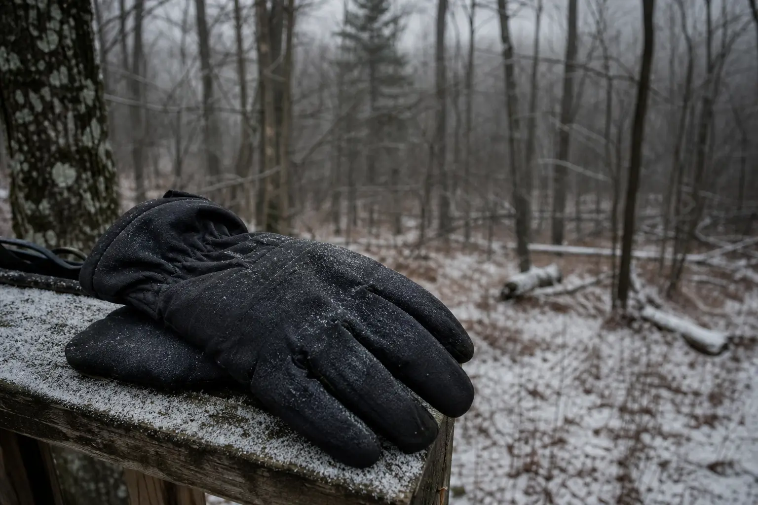 Black gloved hand resting on a metal surface, with a snowy forest background blurred behind