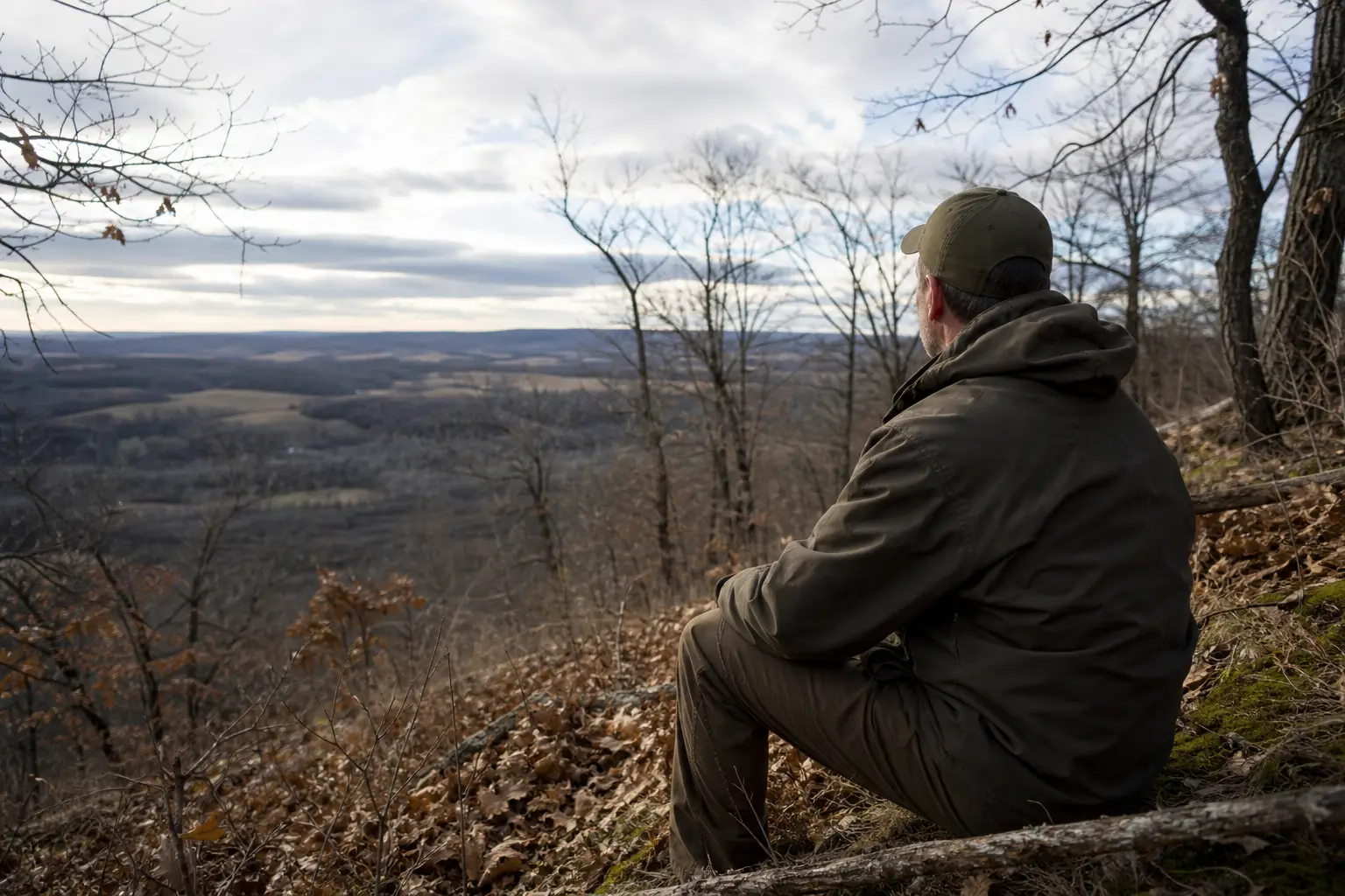 Person in an olive jacket and cap crouches on a rocky hillside, looking over a distant valley under cloudy skies