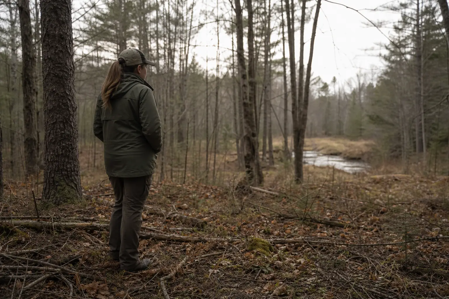 Person standing in a leaf-covered forest trail, wearing a cap and dark green jacket, looking into the trees