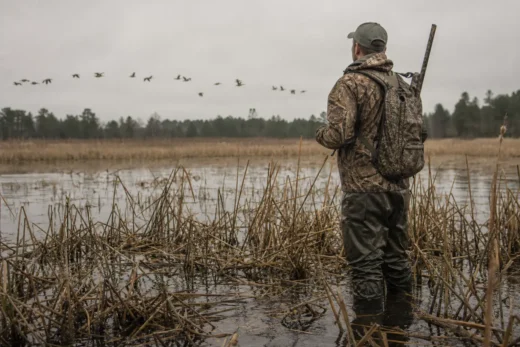 A person in camouflage stands knee-deep at a marsh pond, wearing a cap and backpack, with birds flying overhead