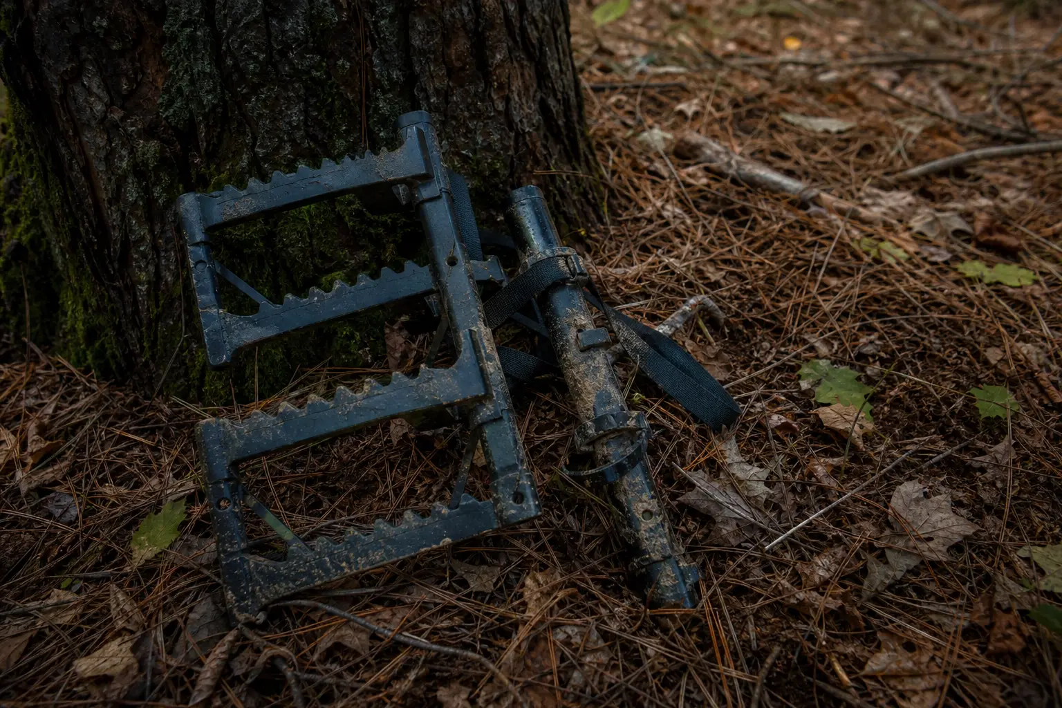 Blue metal frame rests in pine needles beside a belt strap and scattered leaves on the ground