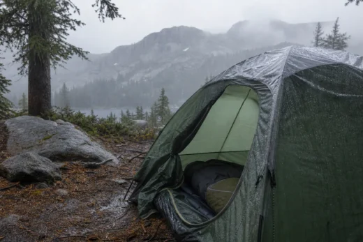 Green tent on rocky forest ground with misty mountain lake background, surrounded by evergreen trees and gray overcast sky