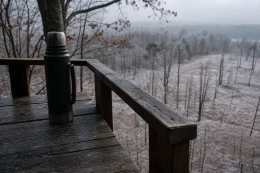 Black metal bottle sits on weathered wooden railing overlooking a foggy forest of leafless trees