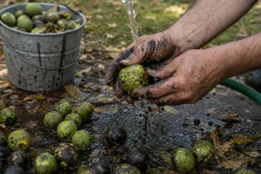 Hands in muddy water hold green fruits as water pours over them, with a bucket of similar fruits nearby
