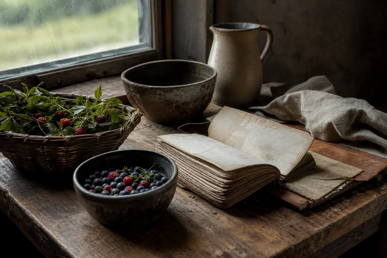 Open book on a wooden table with a bowl of berries, a basket of fruit, and a metal pitcher near a window