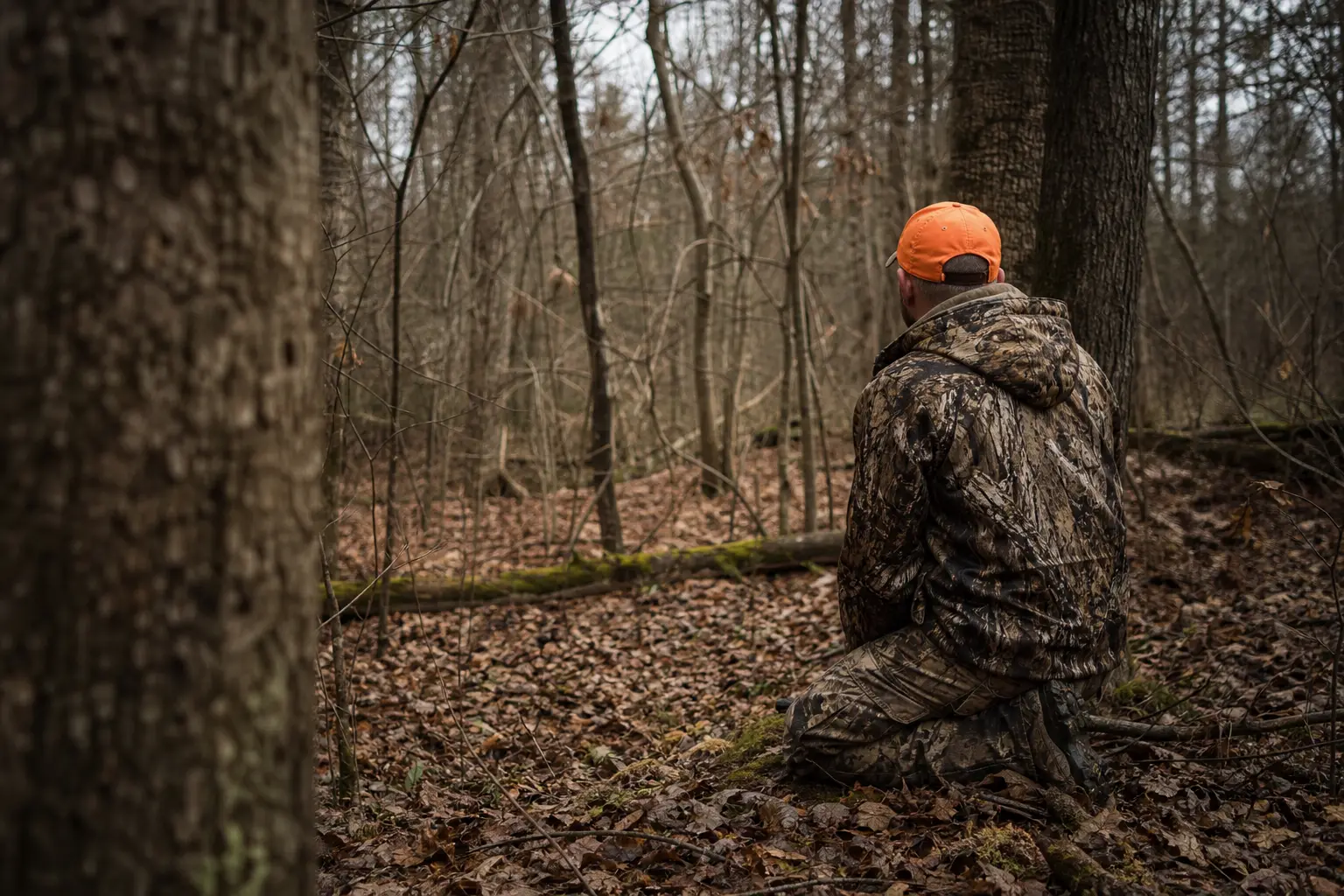 Person crouching in a leaf-covered forest path, wearing a camouflage jacket and orange cap, seen from behind