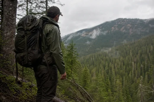 Two people in dark caps and green jackets with large backpacks stand on a forest hillside, looking toward distant mountains