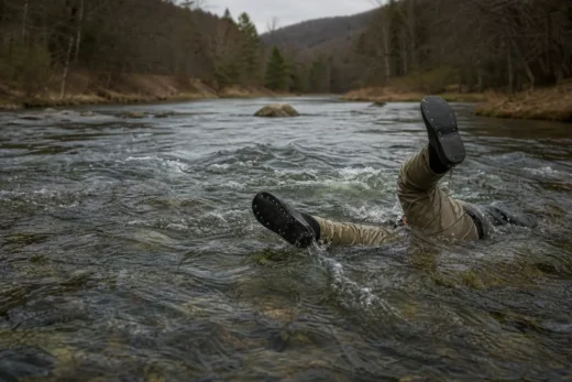Person in olive waders and boots stands waist-deep in a river, splashing water while holding upright paddles