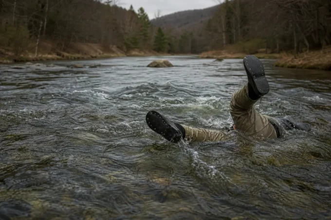 Person in olive waders and boots stands waist-deep in a river, splashing water while holding upright paddles