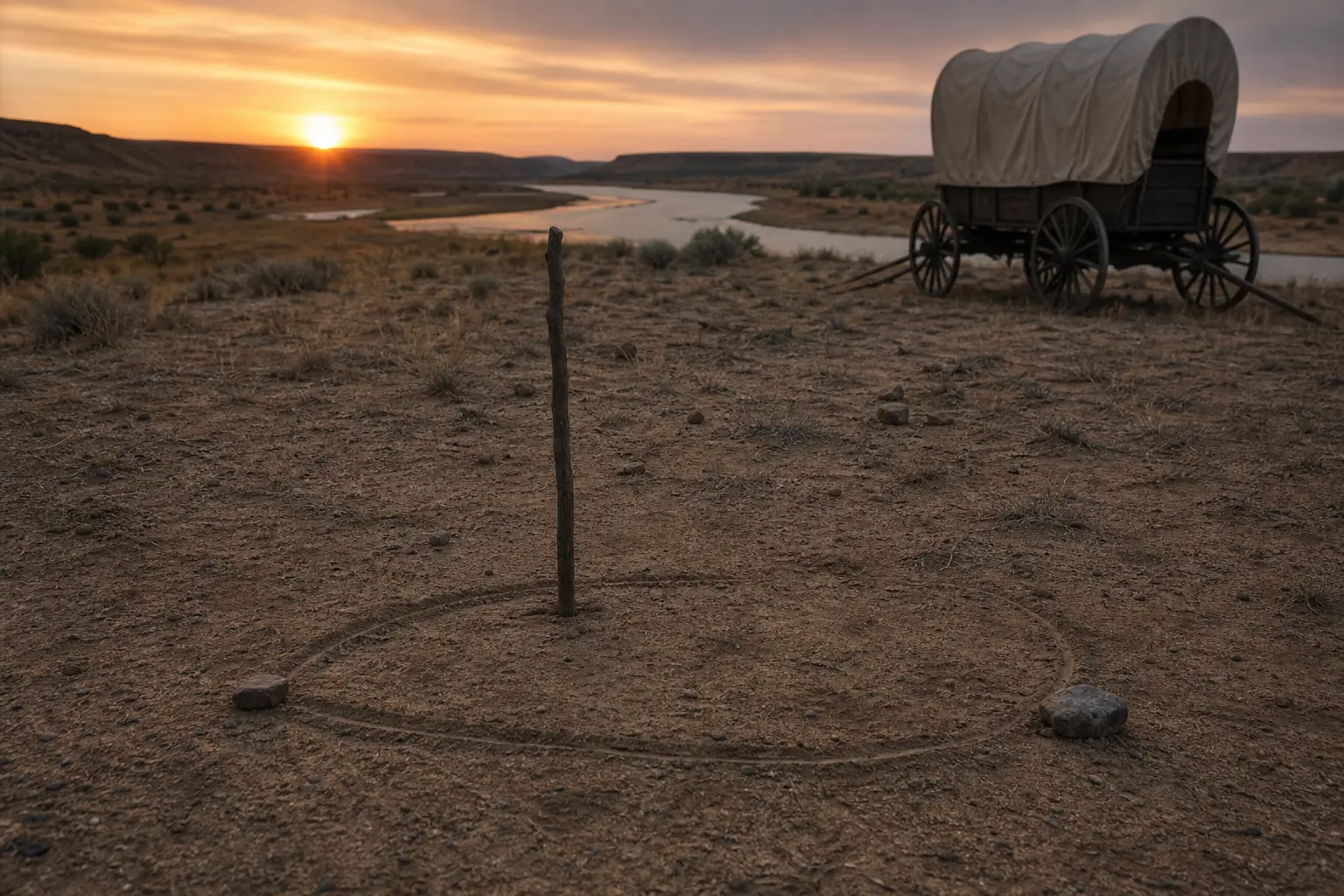 A wooden stake stands in dry ground near a covered wagon with large wheels beside a winding river at sunset