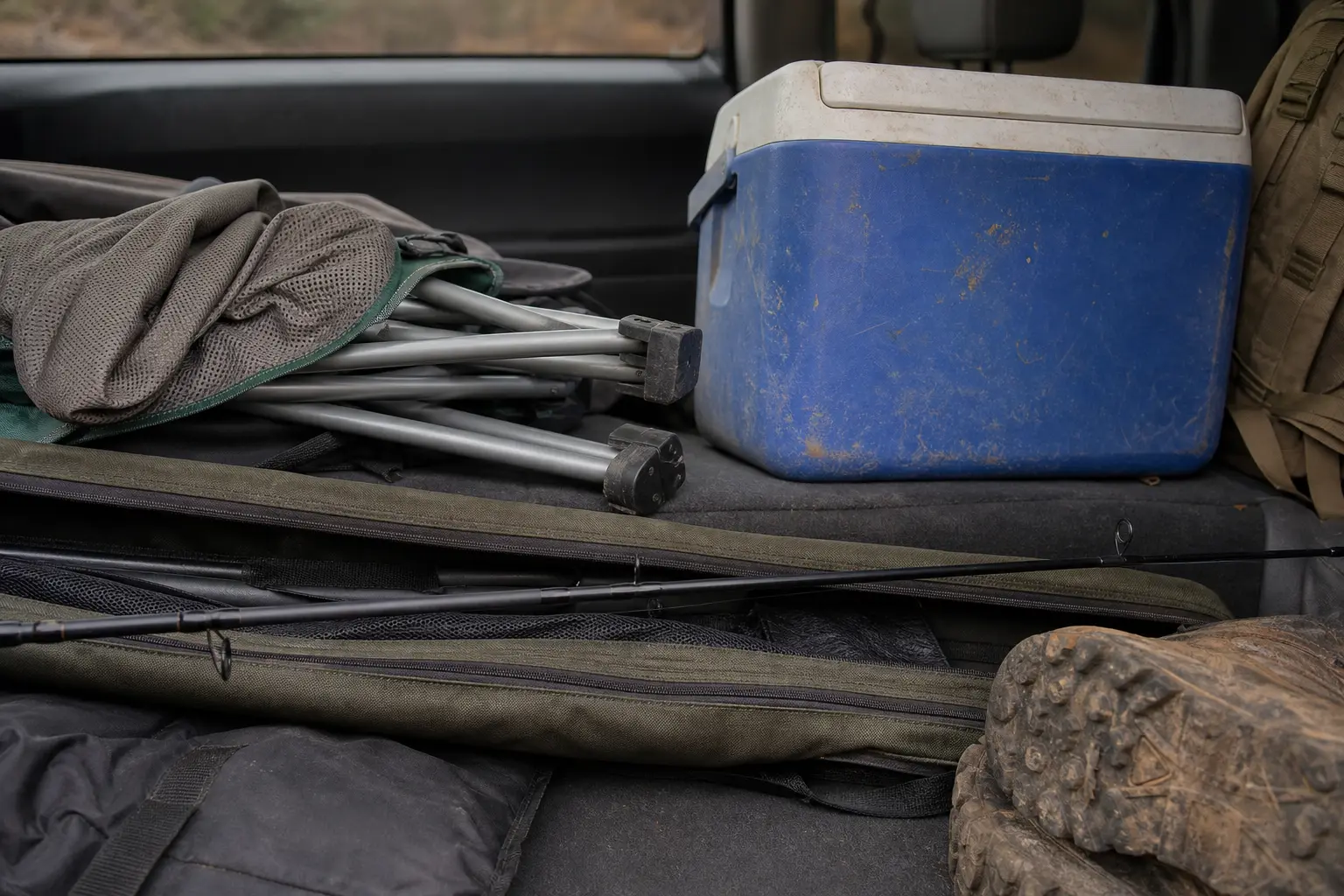 Blue cooler and bundled metal rods inside a dark, padded bag, with folded fabric and camo boots nearby