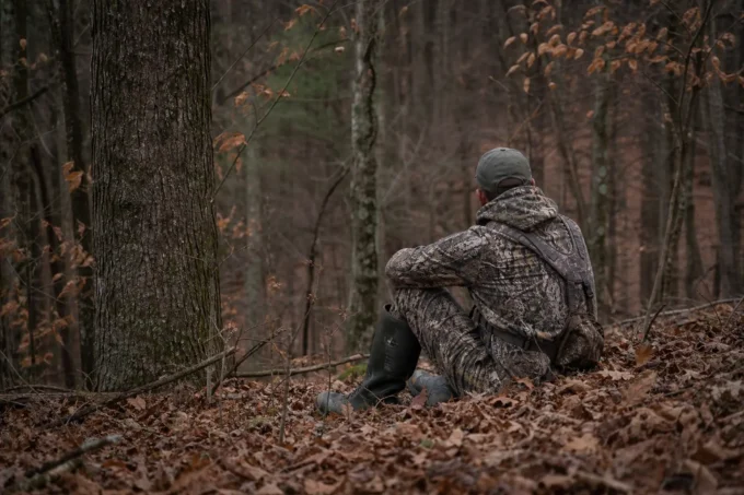 A person in camouflage clothing and a cap kneels in a wooded area with fallen leaves and trees