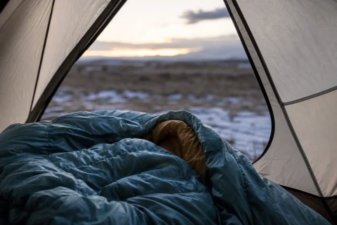 Blue sleeping bag inside an open tent, with a blurred snowy landscape and sunset sky visible through the tent opening