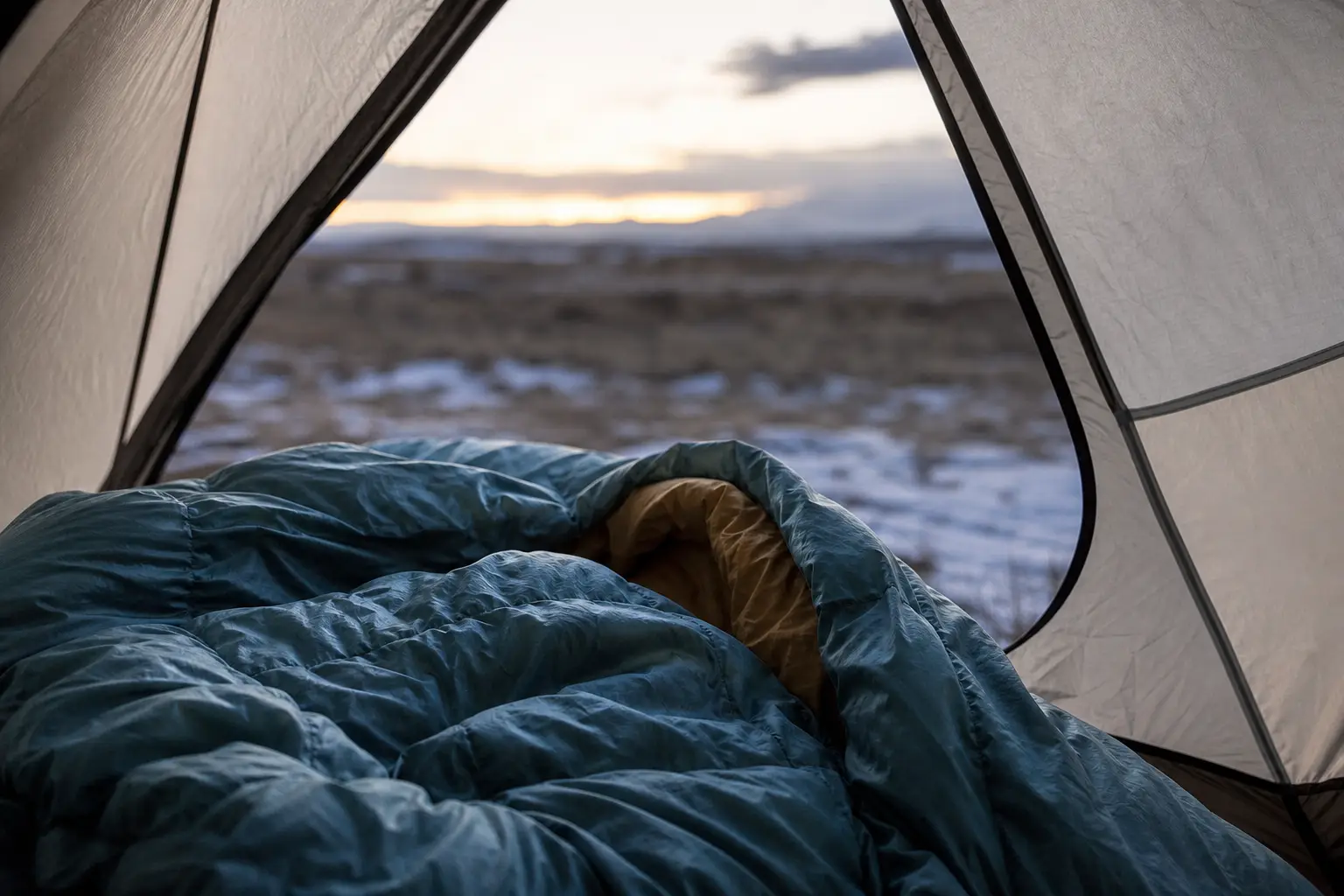 Blue sleeping bag inside an open tent, with a blurred snowy landscape and sunset sky visible through the tent opening