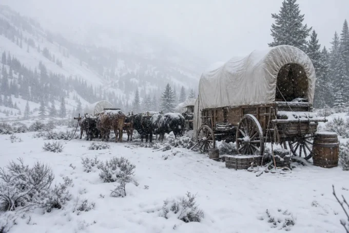 Horse-drawn covered wagon with wooden wheels and barrels sits in snowy mountain landscape, horses hitched to the front
