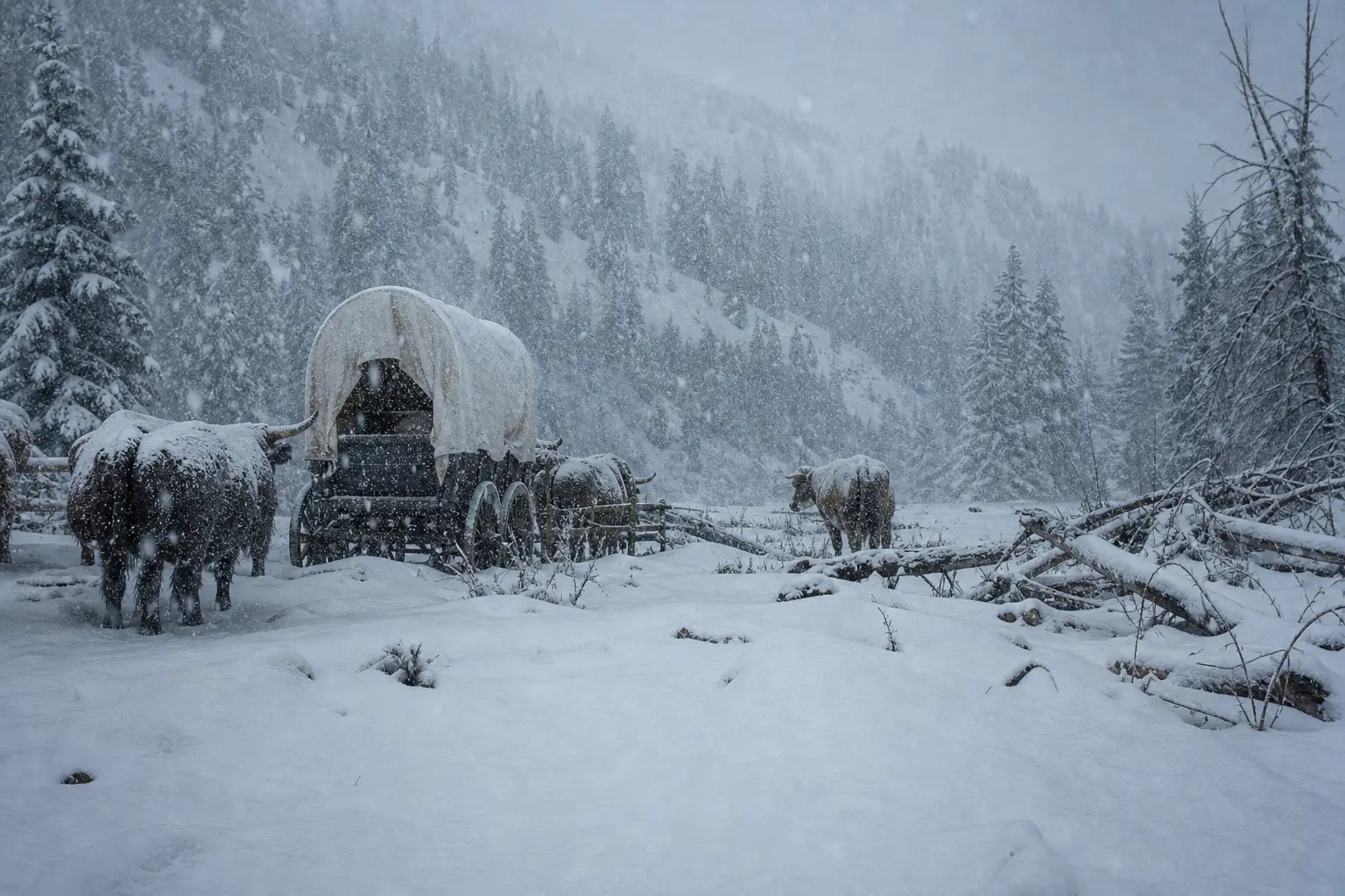 Snow-covered rural road with farm tractors and cattle standing in a winter landscape of fir trees and falling flakes