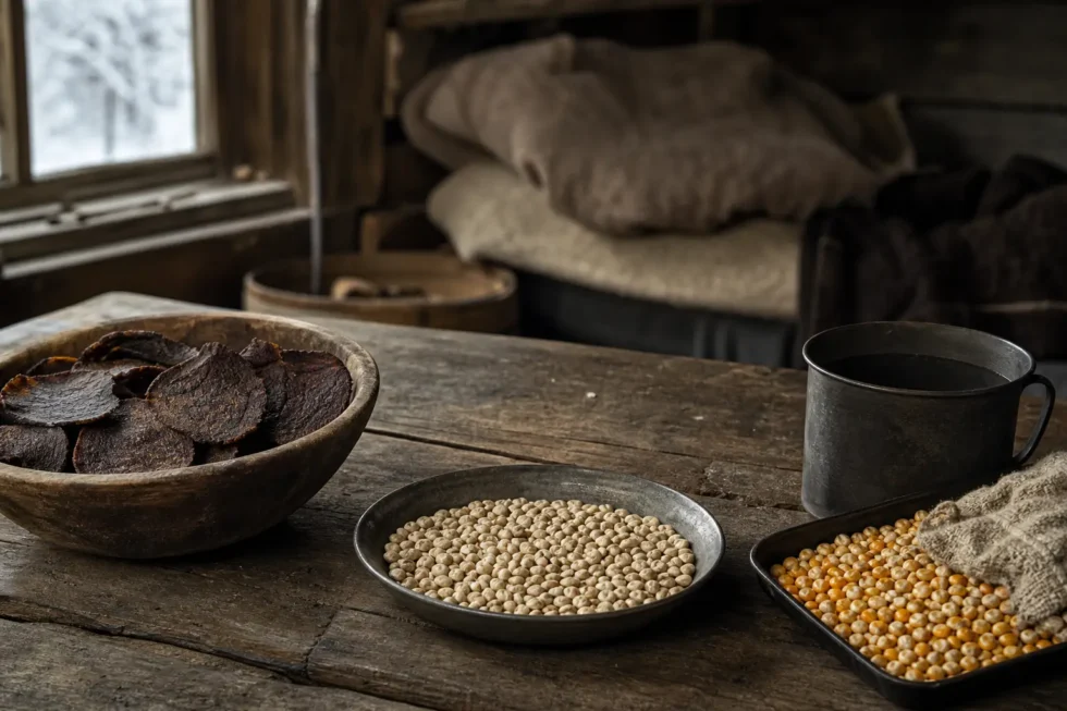 Bowls of dark and orange dried items, a shallow metal tray of pale grains, and a metal mug on a wooden table