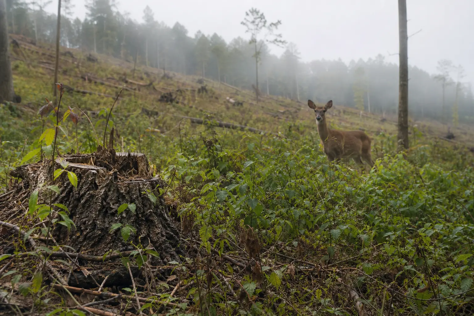 Deer standing in green hillside vegetation near a fallen log stump, with misty trees and power lines in the background