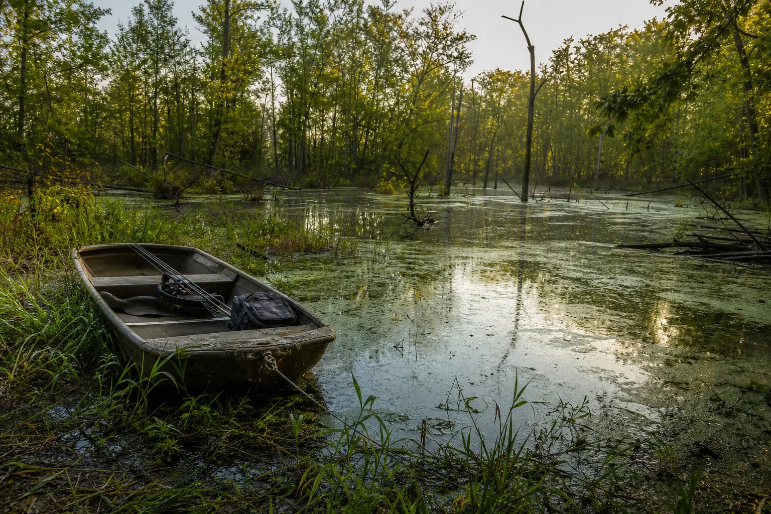 A small boat sits in a calm forest pond, with reflections on the water and trees lining the shore