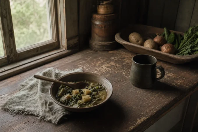 Metal bowl of stew with a ladle sits on a wooden table beside a dark mug, with herbs and onions in the background