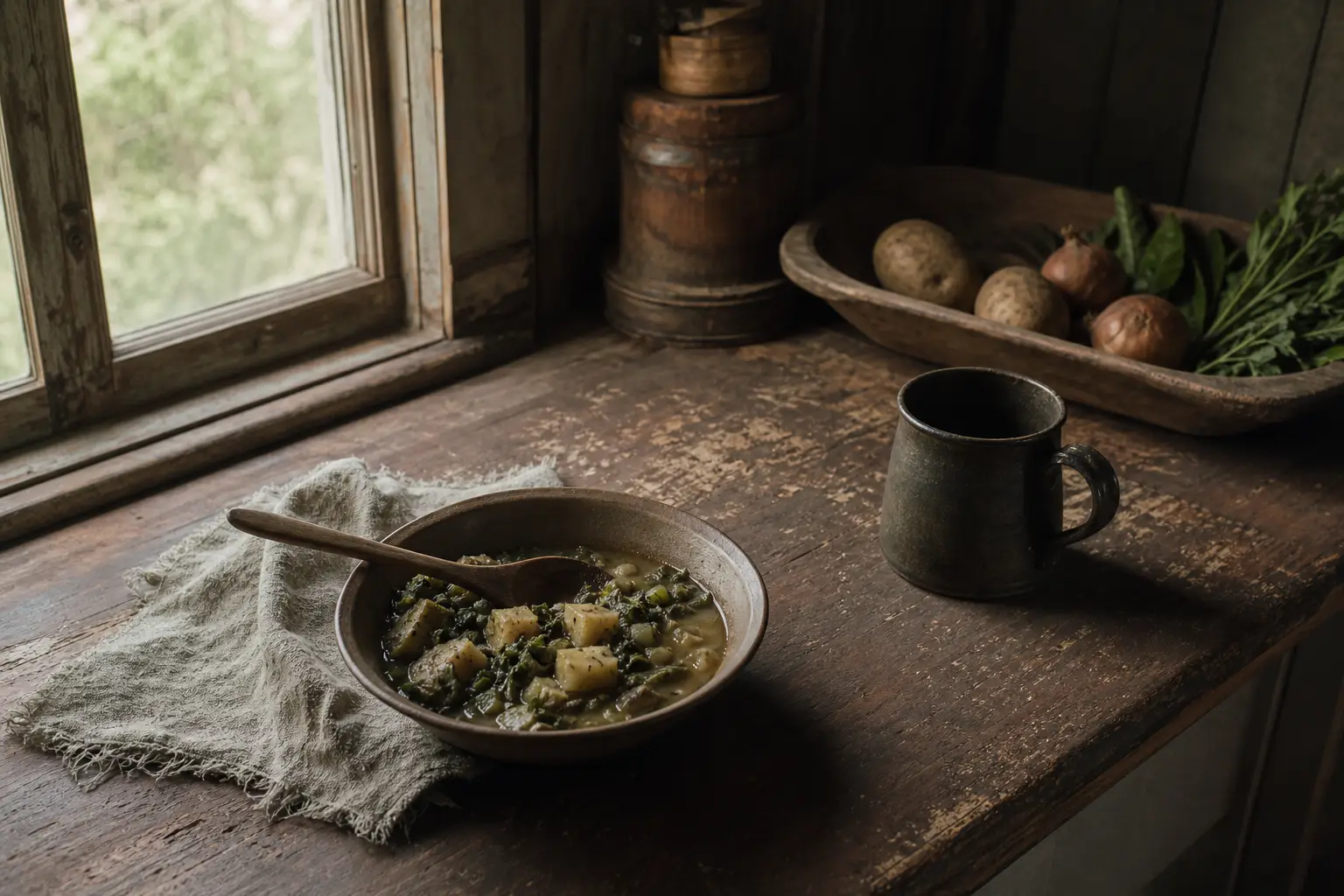 Metal bowl of stew with a ladle sits on a wooden table beside a dark mug, with herbs and onions in the background