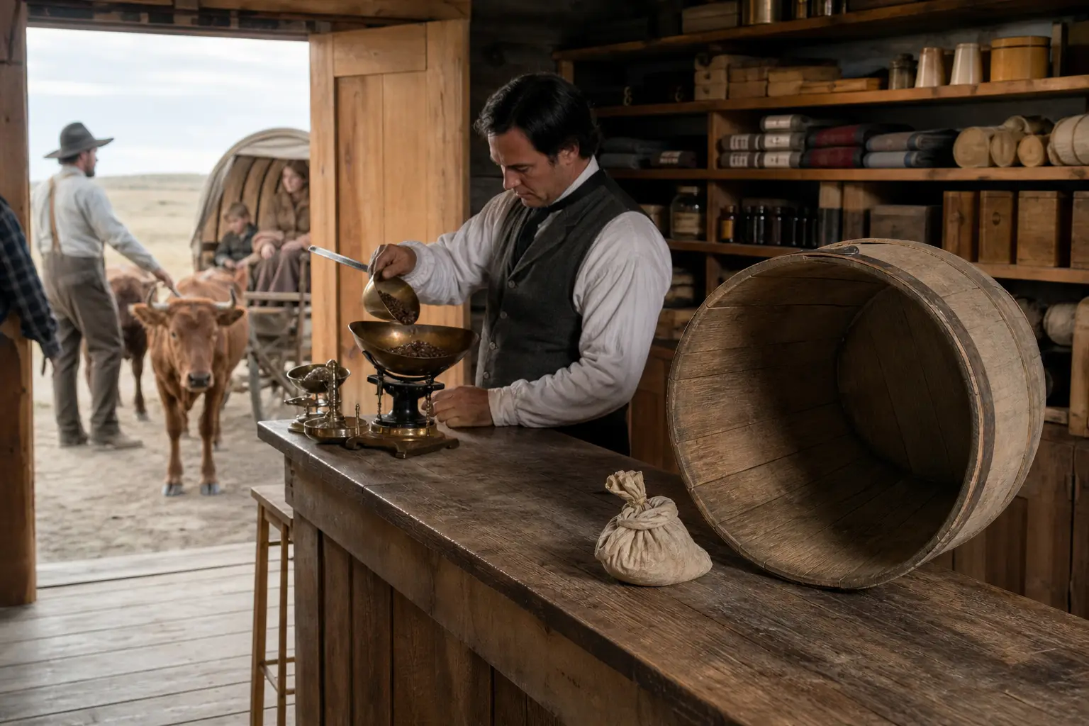Man stirs food in a large brass pot at a wooden counter inside a barn-like workshop; barrel and jars nearby